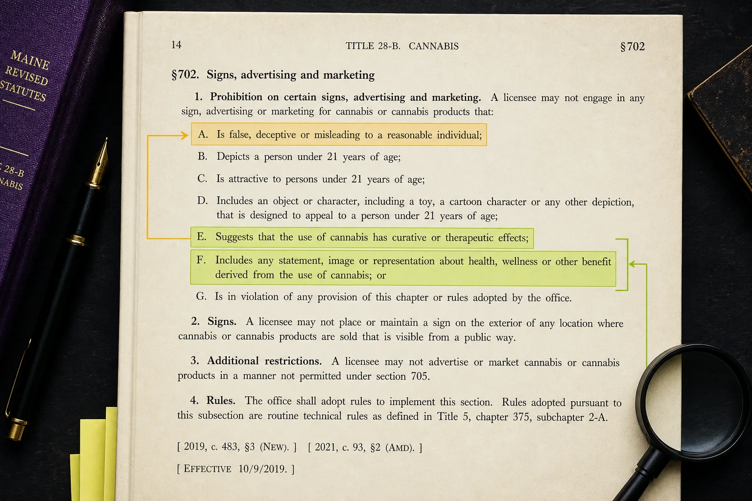 Annotated excerpt of Maine statute on advertising (non-readable legal text snapshot)