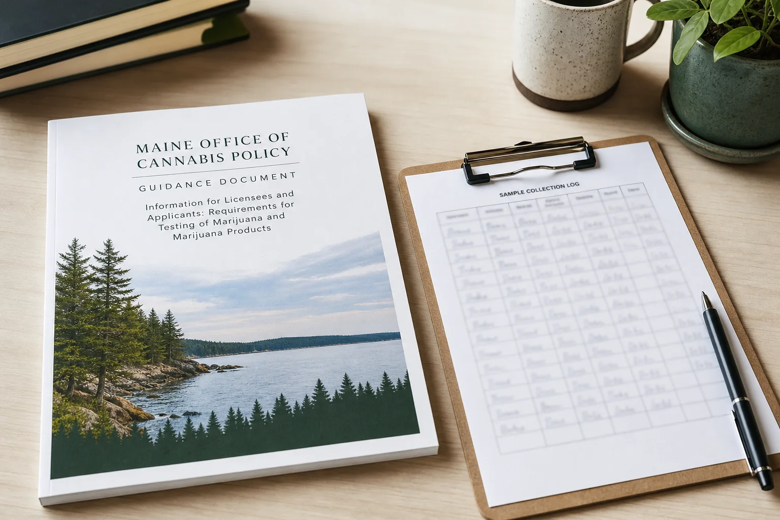 Maine OCP guidance document cover and a clipboard of sampling notes (non-readable)