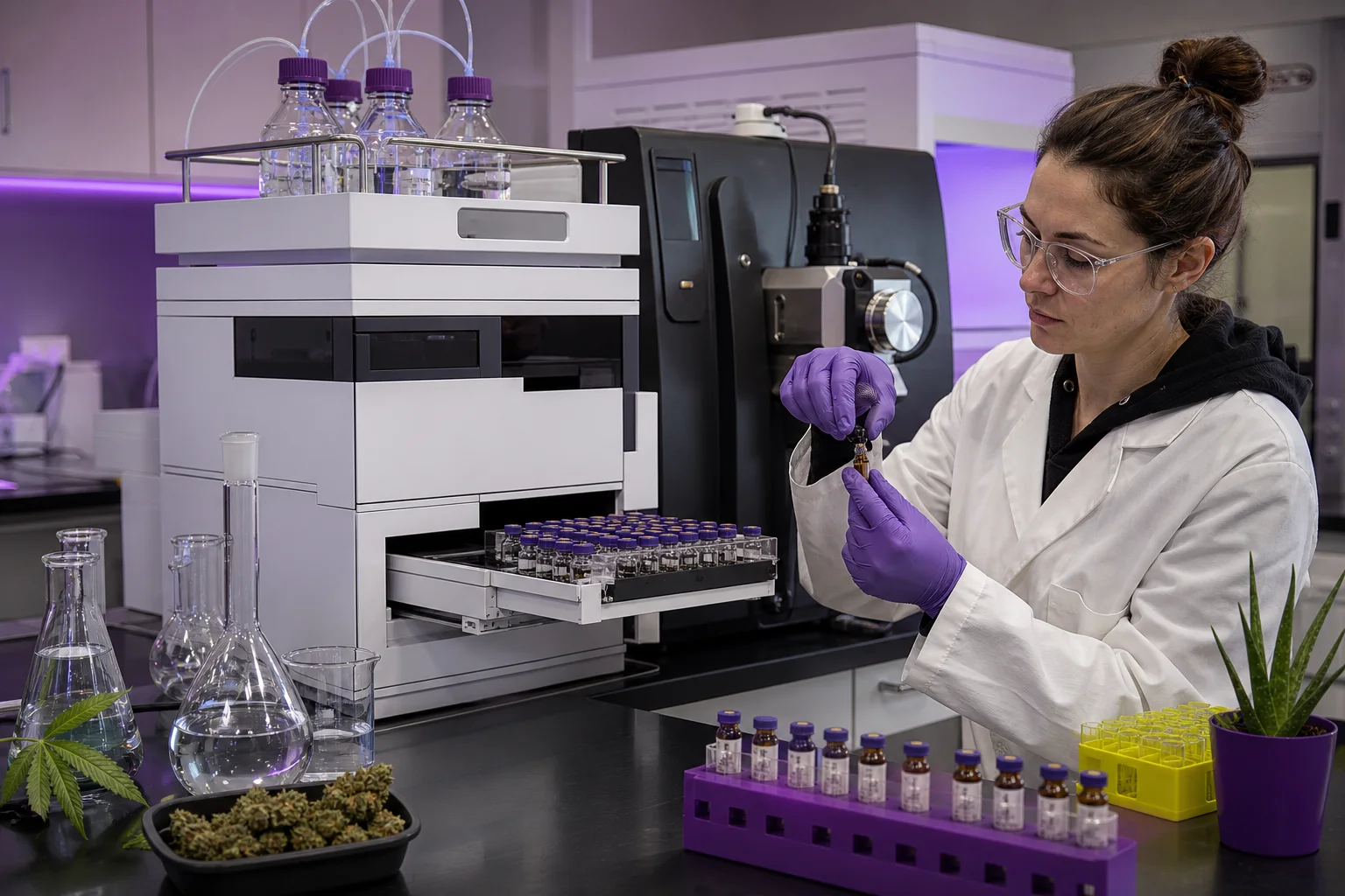 Laboratory bench with HPLC instruments and vials, method validation context