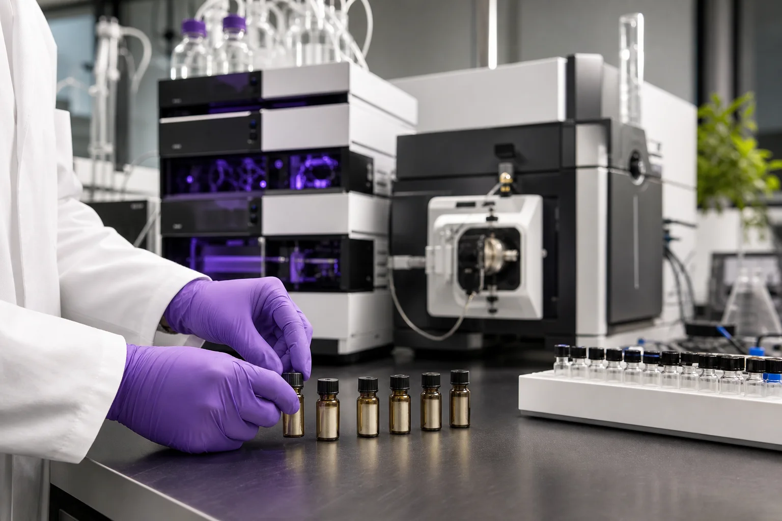 Photograph inside an analytical lab showing HPLC/LC-MS instruments and reference material vials