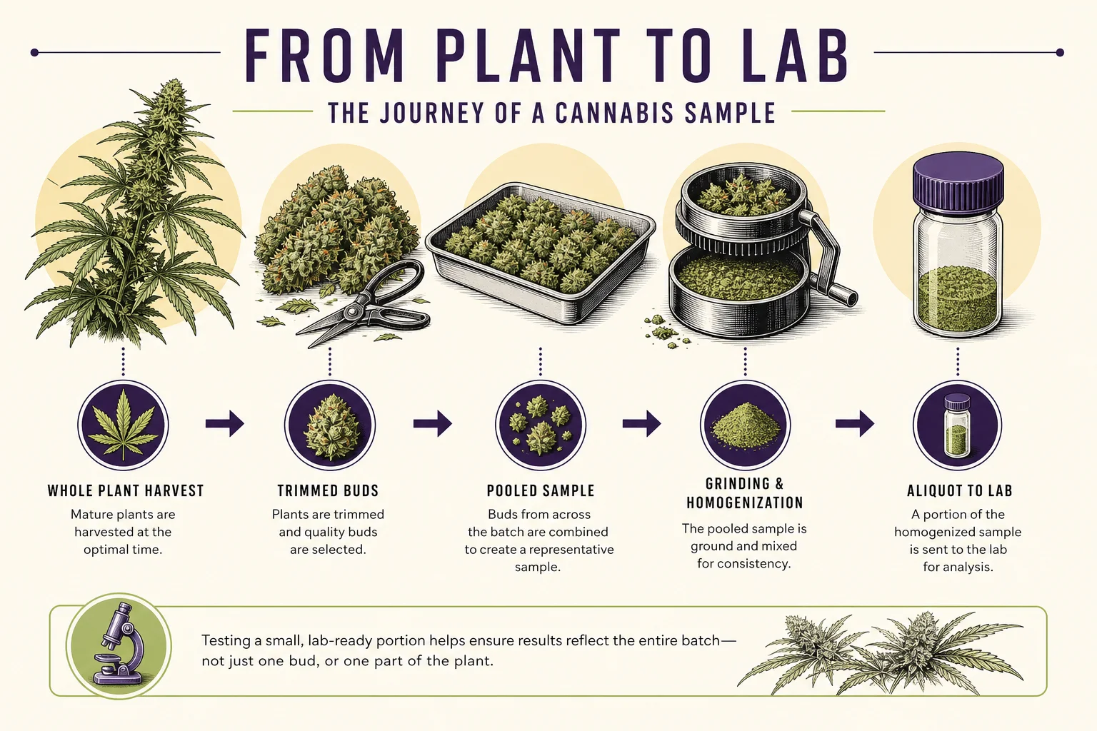 Illustrated diagram of sampling and subsampling steps for a cannabis lot: whole plant, pooled sample, homogenized grind, aliquot to lab.
