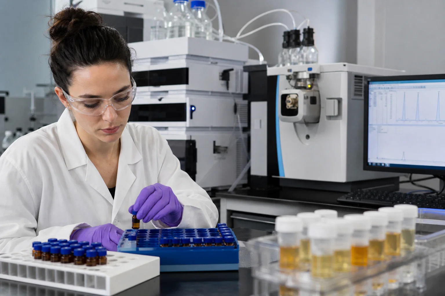 Photograph of laboratory bench with LC-MS instrument and a technician preparing samples (no visible brand names).