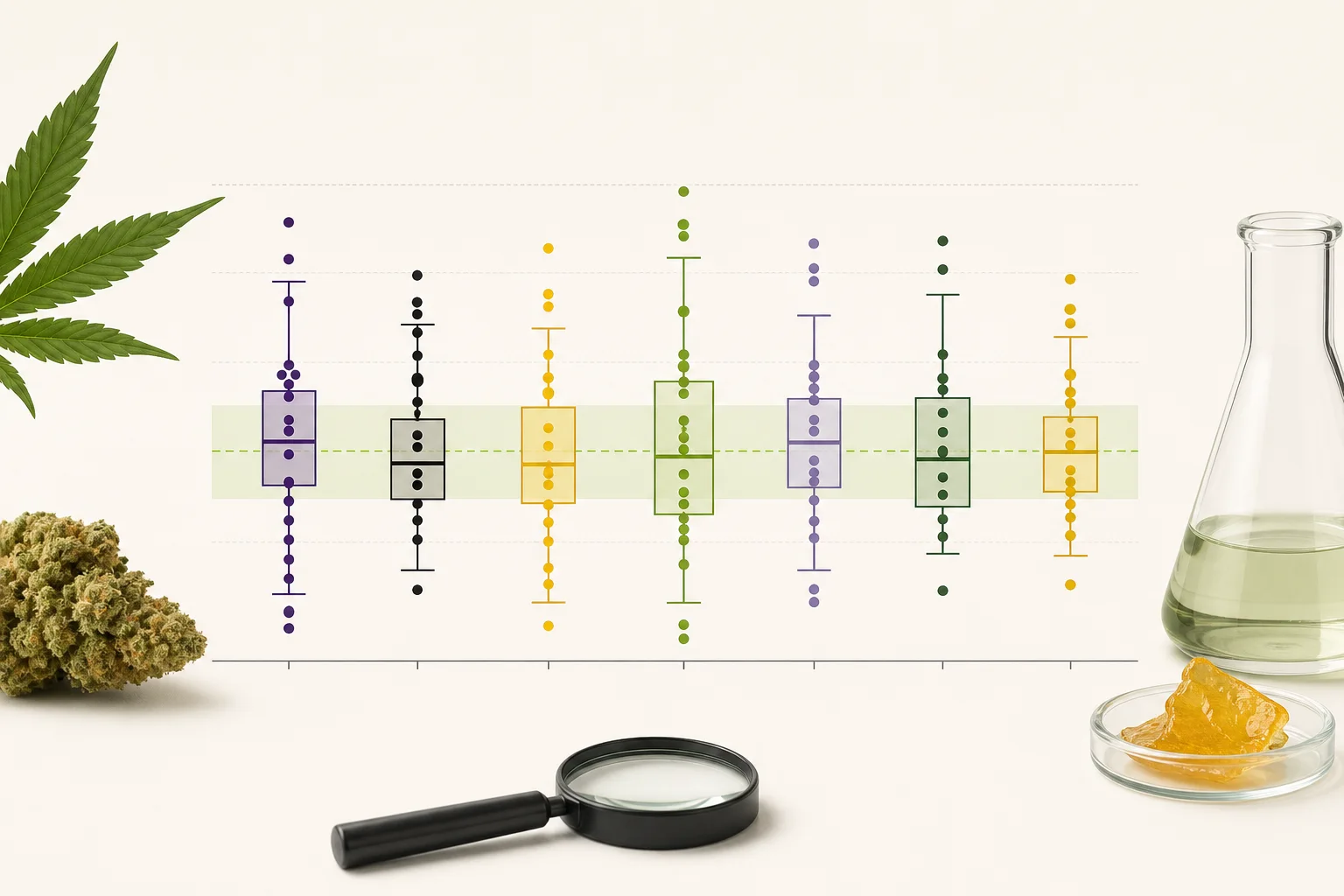 An anonymized inter-laboratory comparison diagram: multiple box plots or dot clusters (no readable numbers), showing spread between labs