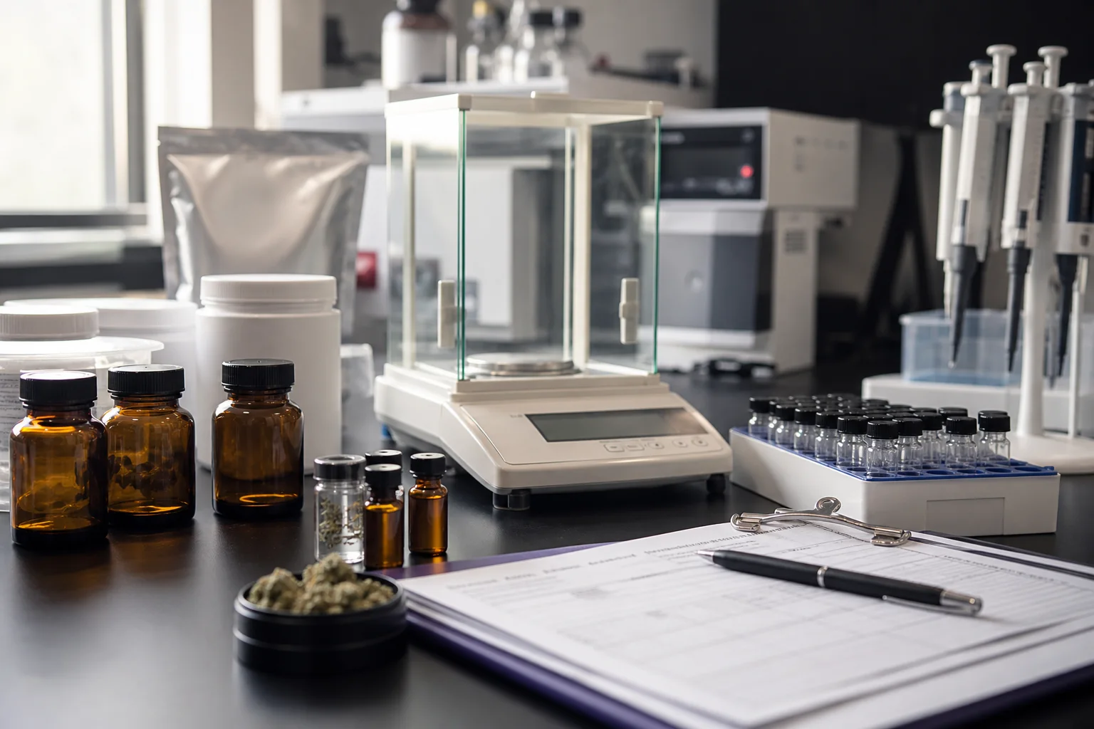 Laboratory bench with amber sample vials, glassware, small labeled reference material containers, and an analytical balance in soft focus