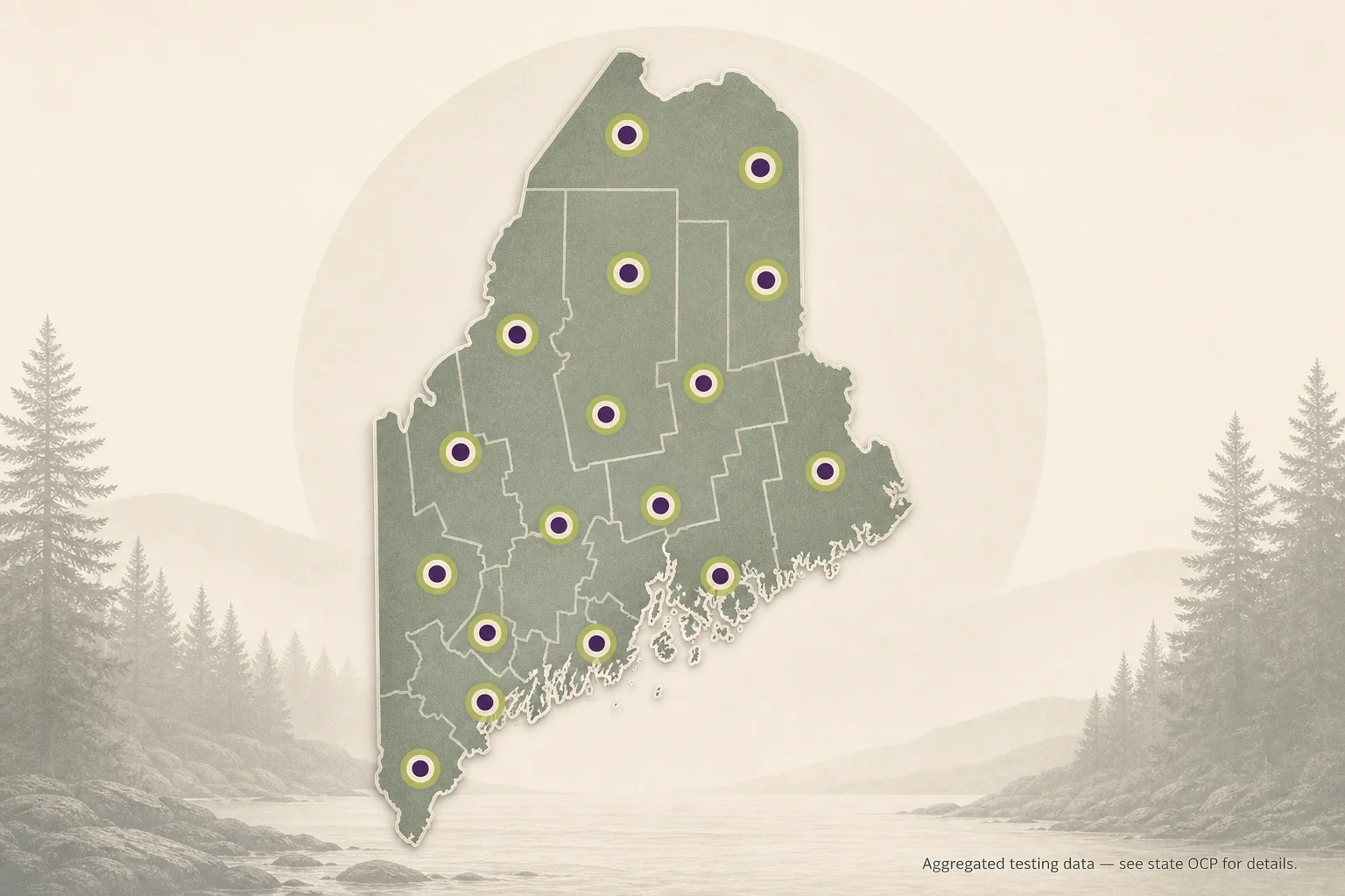 Map of Maine with markers for adult-use testing data submissions (stylized, no numeric labels)