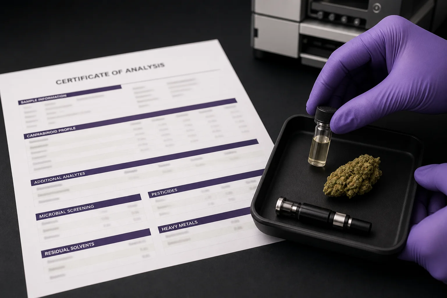 Open Certificate of Analysis printout and HPLC vial beside a drying bud, staged for scientific documentation
