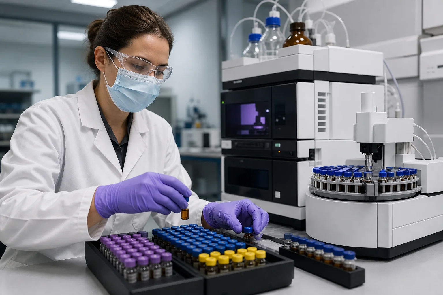 Laboratory HPLC instrument rack with vials and a chemist preparing a sample (no readable labels)